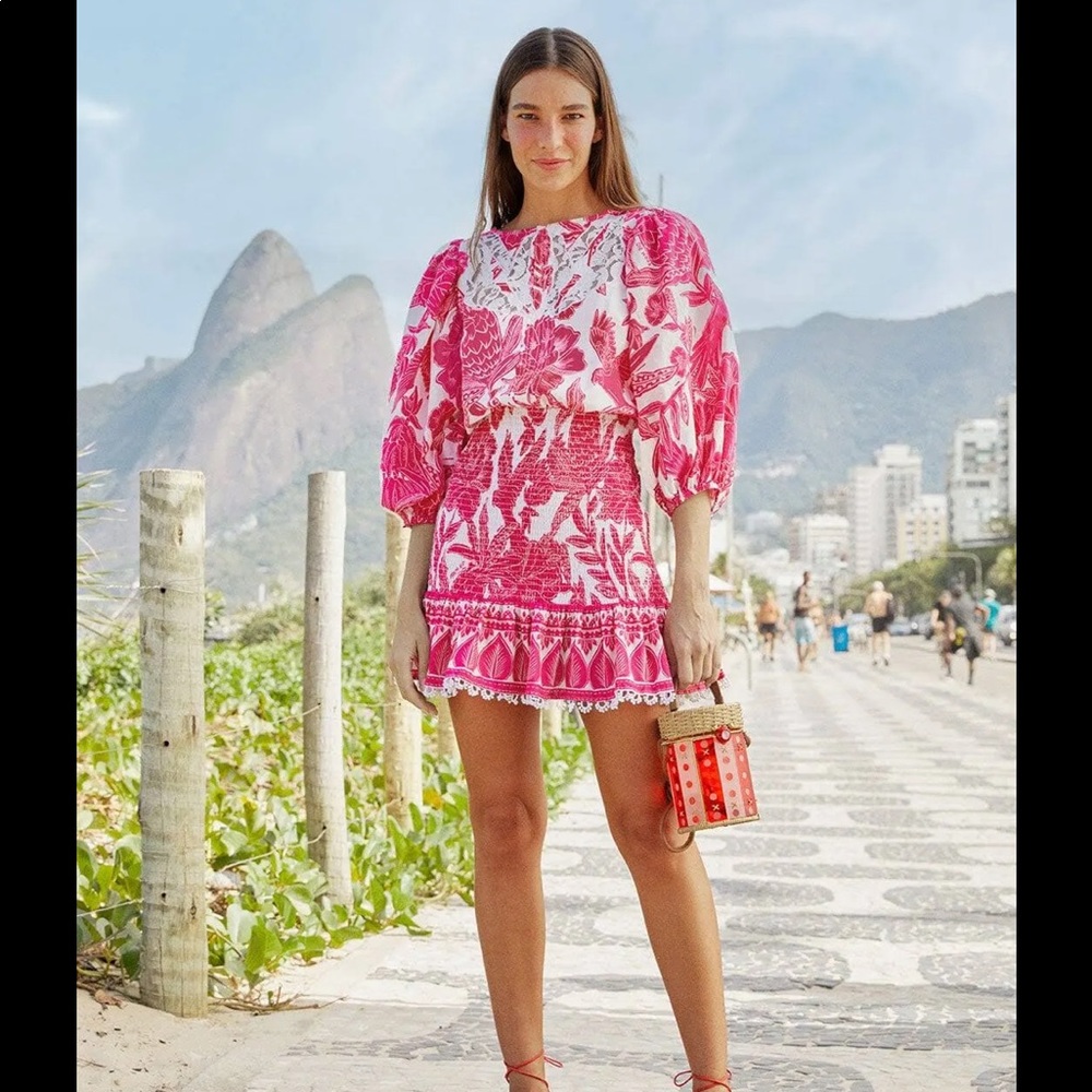 Farm Rio Pink tropical woodcut mini dress size small